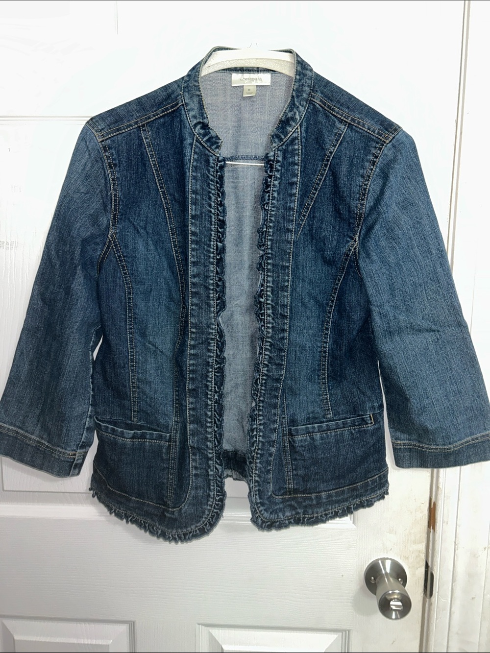 Dress Barn Blue Denim Open-Front Jacket with Frayed Trim